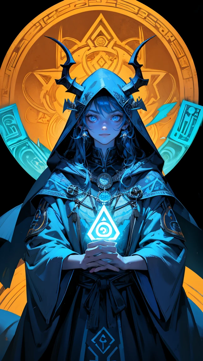 A striking and intense scene featuring a menacing shaman character with glowing blue eyes and a wide, sinister grin. The shaman's face is framed by long, wild hair and a hood adorned with horns and various Bitcoin symbols. The background includes intricate geometric patterns and a central glowing blue symbol resembling Ethereum. The text 'SHILL SHAMAN' is prominently displayed below the character, along with 'DHB 2019.' Replace the shaman character with a beautiful, cute girl while maintaining the same intense, striking style and the overall theme of power and mysticism. Ensure the new character has similarly styled hair, clothing, and accessories to fit seamlessly into the scene. The background, patterns, and overall color scheme should remain exactly the same, preserving the powerful and mystical feel of the image.