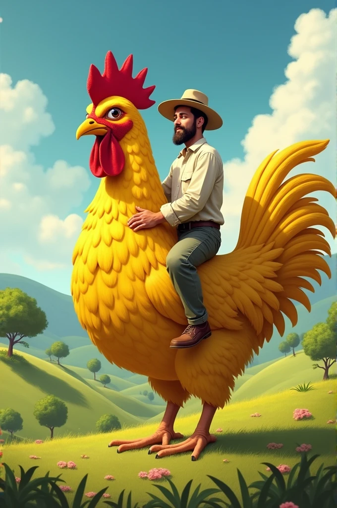 Man riding a yellow hen 