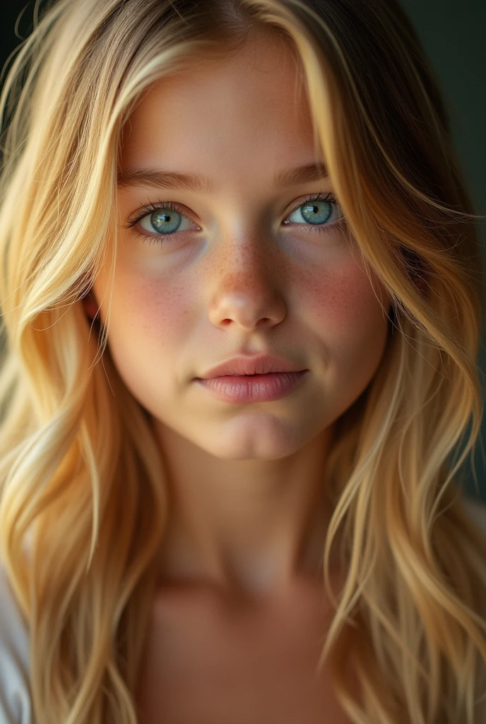 a beautiful image of a age girl would be a warm, golden-lit portrait that captures the vulnerability and authenticity of adolescence. Her bright blue eyes sparkle with curiosity, and her soft, honey-blonde hair cascades down her shoulders like a gentle stream.