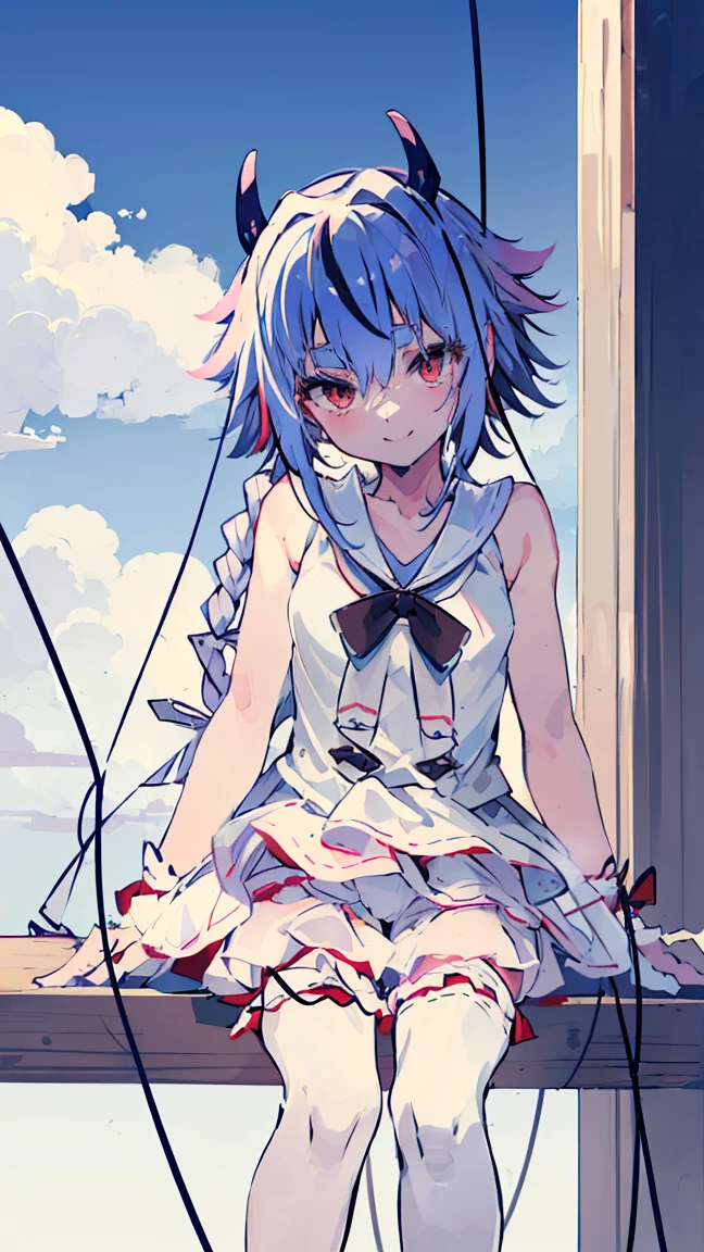 masterpiece, Highest quality, High resolution, Very detailed,(((Mikoto Naruka))), (((white ground)))、(((electric wire)))、(((smile)))、(((Sitting far away))), (((Wearing bloomers。))), , Electric pole, blue sky