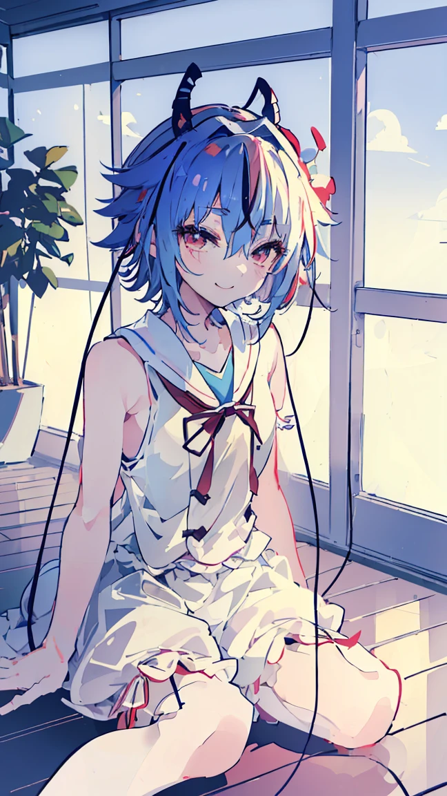 masterpiece, Highest quality, High resolution, Very detailed,(((Mikoto Naruka))), (((white ground)))、(((electric wire)))、(((smile)))、(((Sitting far away))), (((Wearing bloomers。))), , Electric pole, blue sky