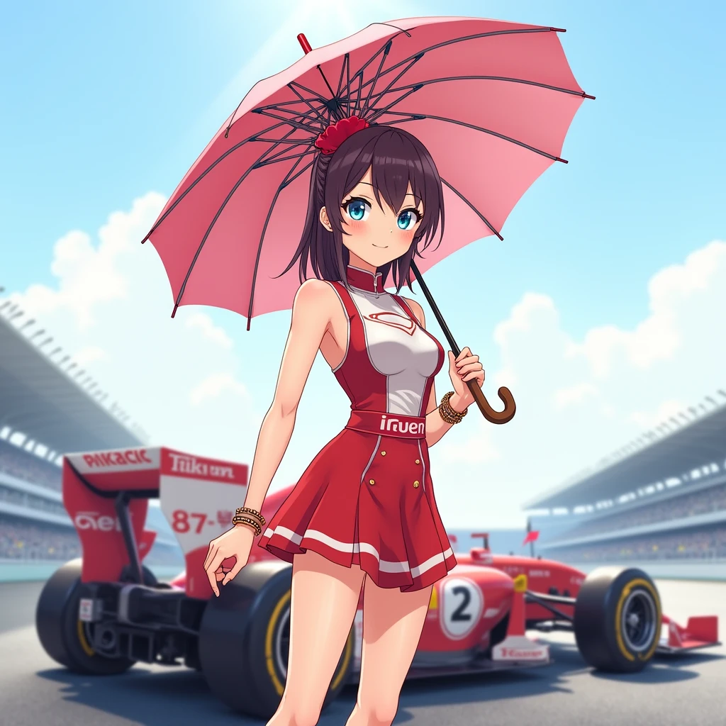 F1 Race Circuit。One young Japanese race queen。Standing with a parasol in front of a race car。The costume you're wearing、separate。I have a bangle on my arm。Background、Sparkling in the summer sun。Anime Style。Looking from afar。Beautiful legs are attractive