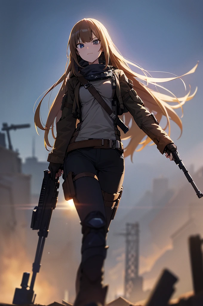 holding_gun, assault_rifle, Very detailed, Brown Hair, Long Hair, Anime Style, whole body, alone, Stylish Gunfighter Girl, Holding a steampunk long barrel pistol,Standing in the wasteland, 8K high resolution, White Background, In the spotlight, The background is a dark and desolate landscape, Horror movie atmosphere. Her figure is very beautiful, Emphasizing the dark and crazy elements. Skillfully expressing the effects of light and shadow