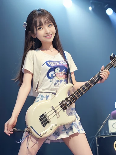 Japanese female, (underweight), (flat chest best quality:1.5), (cheerful grin:1.5),
festival, delightful, (playing the electric bass vigorously), long hair, (blue trunk neck tee), (cream skirt:1.2), (with a bass), at concert, full body shot, low angle shot, (stage lights), (colorful lighting)