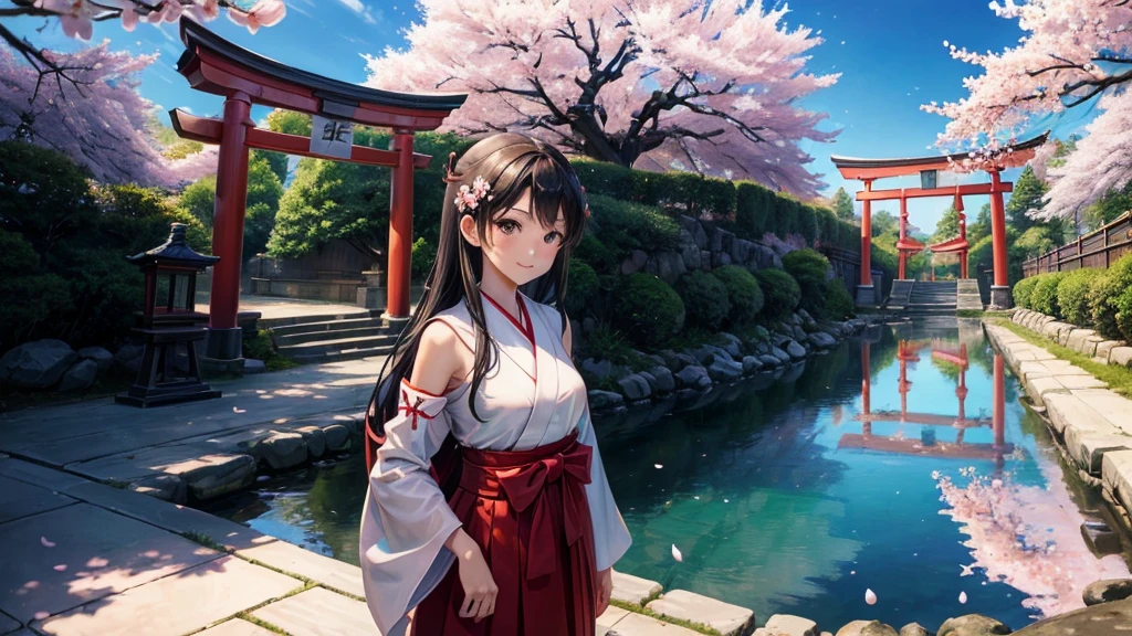 masterpiece, Highest quality, ultra-detaileded, figure, (One girl:1.2), alone, extremely cute, Teen, Outdoor, morning, Japanese Shrines, Shrine maiden, Shrine maiden服, White Chihaya, (red long hakama:1.2), (Cherry Blossom:1.3), Cherry Blossom hair accessory, Black Hair, Long Hair, walk, nature, Mountain, beauty, cute, Red Torii Gate, sunny, relax, comfortable, Global warming, (Spring flower:1.1), smile, Fantasy, imagine上の, Mythologically, Shadows, Shiny, dynamic, alive, landscape, peaceful, Calm, quiet, quiet, Intuition, Adaptability, creativity, imagine, Artistry, Inspiration, sense of awe, wonder, grateful, grateful, fun, Mindfulness, consciousness, connection, Harmony, balance, texture, detailed, realism, depth, perspective, composition, color, Light, Shadow, reflection, refraction, tone, Contrast, prospect, Middle Way, background, nature主義的な, Figurative, Expressive, Impressionist, Expressionistic, Abstract, Innovative, Experimental, Individuality,