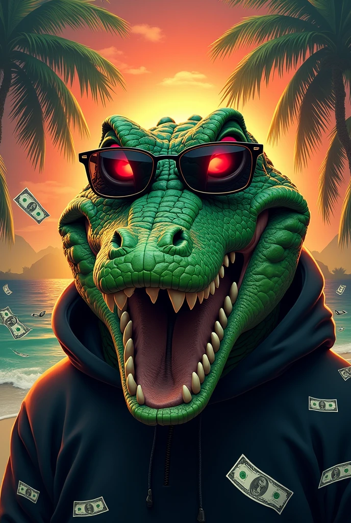 Crocodile head, Green,red eye,Dollar Symbol im Maul,palm trees, sun set,sunglasses black,hoodie,Dollar bills