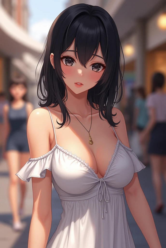 (small breasts:1.3), (perky chest:1.1), (pointed chest:1.0), masterpiece, 1girl, thin waist, big ass, small breast: 1.3, posed cleavage:1.1, solo, looking at viewer, black hair, dark black eyes, sundress, bare shoulders, jewelry, collarbone, off shoulder,  medium straight hair , off-shoulder sundress, sun dress, off-shoulder sun dress, white sundress, dark black hair, with teasing expression, cunning face, sly expression, confident, teasing the viewer look, is rendered in (masterpiece: 1.2, best quality), with (ultra high resolution) and an exquisite (depth of field). This masterpiece is not only visually stunning but also tells,A scene of shopping with a busy shopping district in the background , tiny breasts