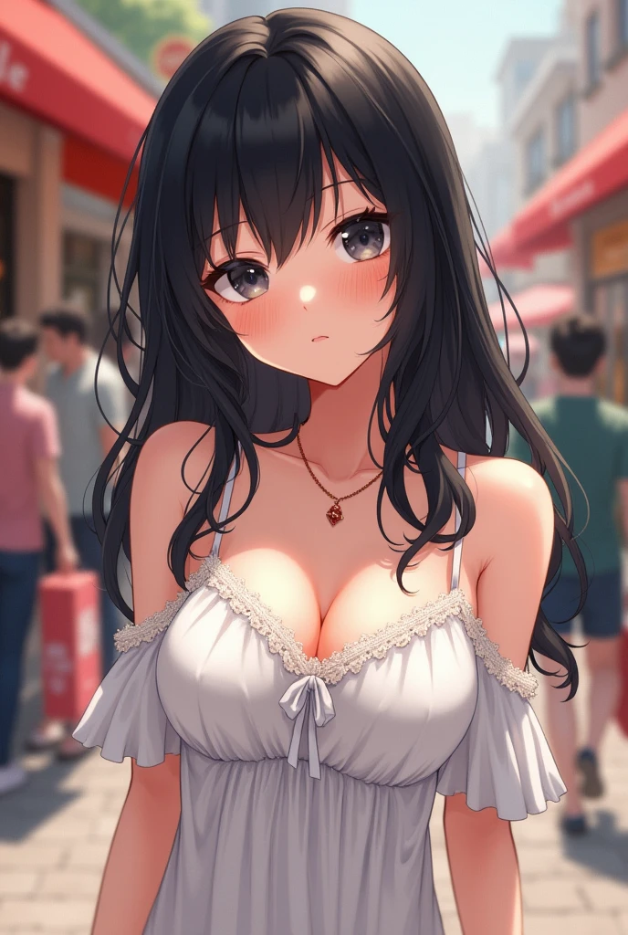 (small breasts:1.3), (perky chest:1.1), (pointed chest:1.0), masterpiece, 1girl, thin waist, big ass, small breast: 1.3, posed cleavage:1.1, solo, looking at viewer, black hair, dark black eyes, sundress, bare shoulders, jewelry, collarbone, off shoulder, medium straight hair , off-shoulder sundress, sun dress, off-shoulder sun dress, white sundress, dark black hair, with teasing expression, cunning face, sly expression, confident, teasing the viewer look, is rendered in (masterpiece: 1.2, best quality), with (ultra high resolution) and an exquisite (depth of field). This masterpiece is not only visually stunning but also tells,A scene of shopping with a busy shopping district in the background , tiny breasts
