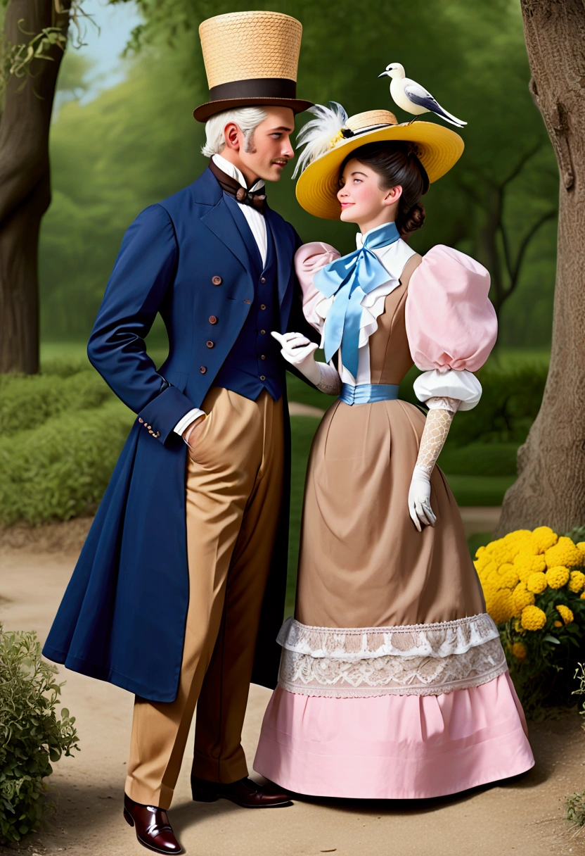 Year 1898. 1girl, 1man. Humanized Minnie Mouse as a pretty, flirty 12yo girl, French kissing with a horny 69yo gentleman. 1890s fashion. Victorian high-collar navy blue dress with (((long puff sleeves cuffed into wrist-high white silk gloves. Powder blue sash cinched around her waist. Navy blue ankle skirt. Pink straw boater hat with a stuffed white bird held on top and a veil in the front))). Long raven brunette hair (((tied into a bun enclosed in a net))). Wasp waist. (((Bubble butt sticking out))). Petticoats. Thigh-high silk stockings. High-waisted open bloomers. (((White high-heel button boots:1.2))). 1890_dr3ss. Gorgeous face, big blue eyes, dimple cheeks, coquettish smile. Victorian park setting. Man wearing (((three-piece brown business suit, starched collar, yellow straw hat, black shoes with white spats, aged face, white hair))). Large man, small girl. Man over 1 head taller than girl. (((Full body, NSFW, voyeur)))