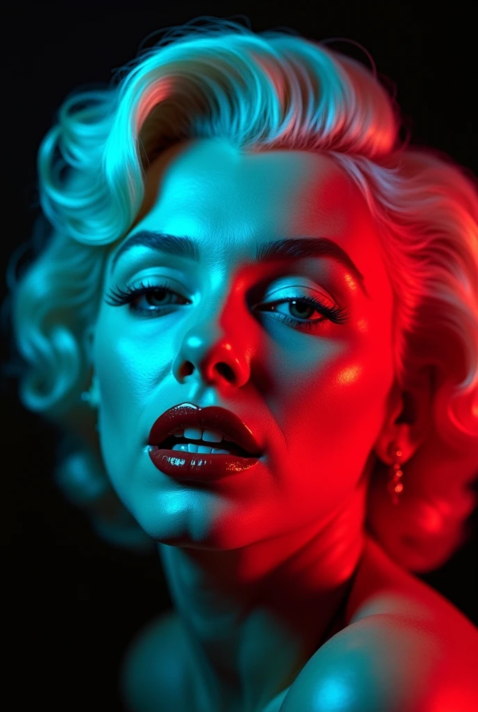 Marilyn Monroe with blue-green and red studio lights with empty background