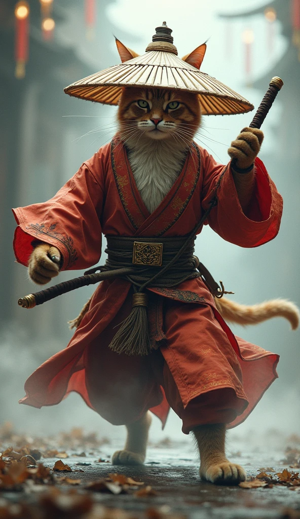Create an image of a cat standing upright in traditional East Asian attire, wearing a wide bamboo hat on the head, wielding a sword with its right paw extended forward in an assertive stance ( running posture ), set against a misty backdrop to convey an atmosphere of ancient martial arts mastery.