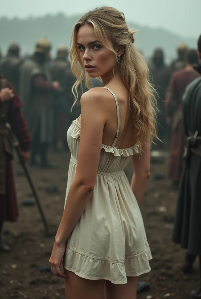 (Backview only:1.4), view from low behind, A very beautiful blonde woman in her 30s, taken prisoner after battle , wearing a very (short:1.4) medieval peasant nightgown, (battlefield as background:1.4), low angle shot, 