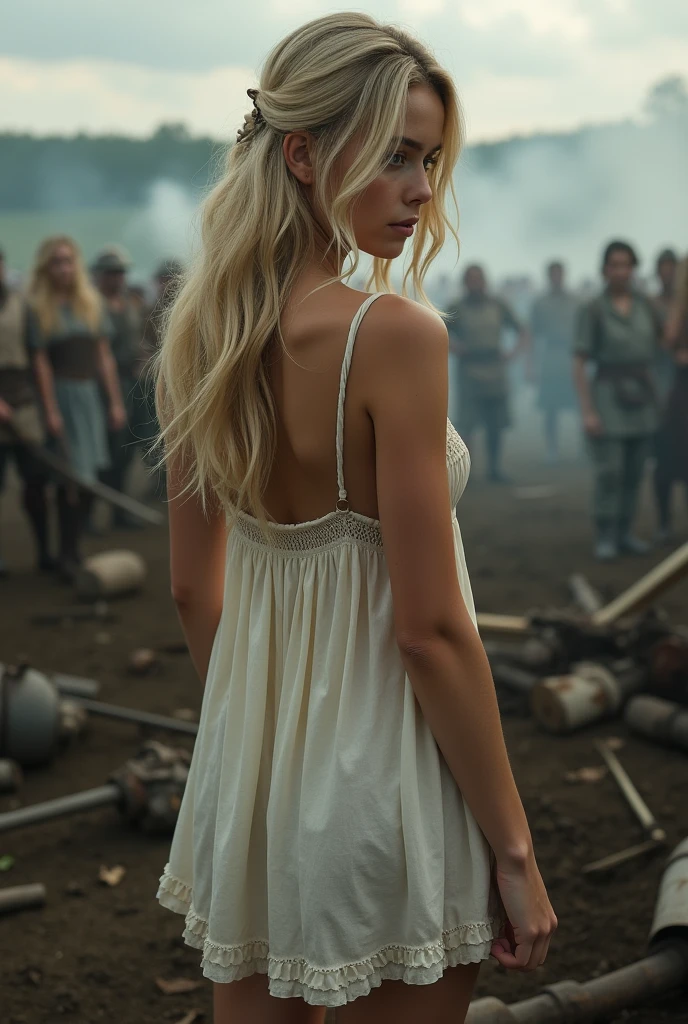 (Backview only:1.4), view from behind, A very beautiful blonde woman in her 30s, taken prisoner after battle , wearing a very (short:1.4) revealing medieval peasant nightgown and white panties, (battlefield as background:1.4), (upskirt:1.4)