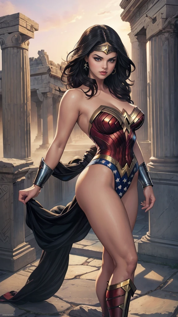 Art image of (Selena Gomez:1.2) as Wonder Woman, busty, beautiful, black hair, large breasts, ancient Athens background, by Louis Royo, Boris Vallejo, Frank Frazetta, extreme focus, sharp details, sexy,  oily skin, sexy, naughty, cleavage, crawling