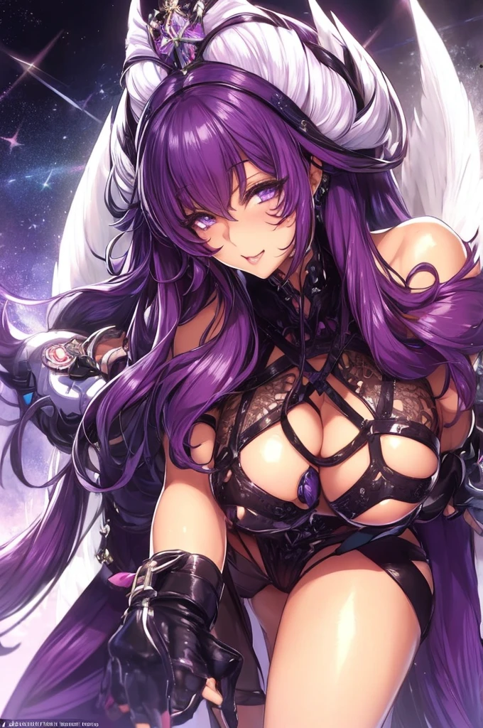 A solo female anthro eggplant character, who exudes an alluring and stunning presence. She has a voluptuous body shape with large, well-defined breasts that are 1.5 times the standard size for anthro characters. Her skin is a rich, deep purple hue, and she stands tall with confidence and grace on her thick, high-heeled legs. Her long hair cascades down her back in a vibrant shade of magenta, contrasting beautifully with the simple violet background that frames her. Freckles are scattered across her face and body, adding a playful and charming touch to her overall look. Her eyes are a captivating shade of emerald green, sparkling with a smug happiness as she gazes directly at the viewer with a knowing smile. The background is kept minimalistic, allowing the focus to remain solely on her mesmerizing form. Her thick thighs are prominently displayed in the front view, emphasizing her powerful stance and curves. The overall effect is one of unabashed confidence and sex appeal, inviting the viewer to appreciate her beauty and the unique charm of her anthropomorphic eggplant physique.