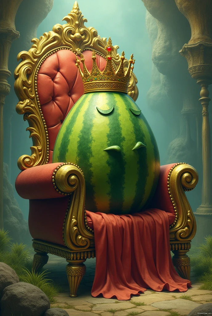 A throne on which a melon in placed and there is a crown on the melon
