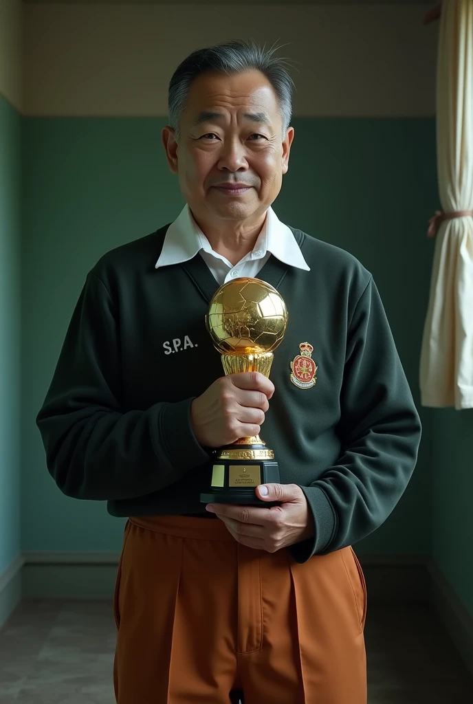 A man aged 40 wearing dark orange trousers and a white shirt as a school uniform holding balloon d'or award like Ronaldo the man is kind Asian award must be Balloon d'or from real-life the theme is creepy as fuck the text on the shirt is "S.P.A"