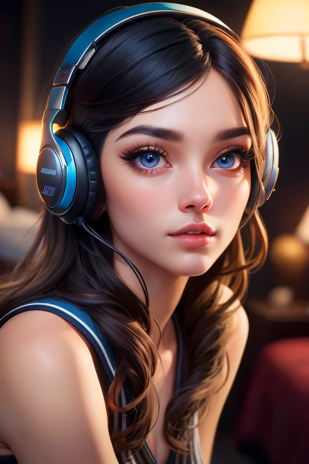 masterpiece, highest quality, beautifully, 1girl, extremely detailed face and eyes, long eyelashes, detailed lips, detailed hair, detailed outfit, headphones, fullbody(low angle camera), bedroom, night, colorful, cinematic lighting, photorealistic, 8k, hyper detailed, intricate details, (best quality:1.2), (realistic:1.37), (masterpiece:1.2)