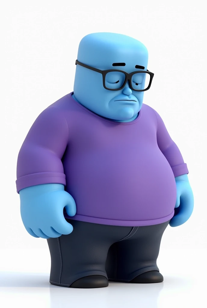A blue skin tone guy, very fat, purple shirt with long sleeves, wears glasses, black jeans he is bald, he farted, white background only, Roblox style
