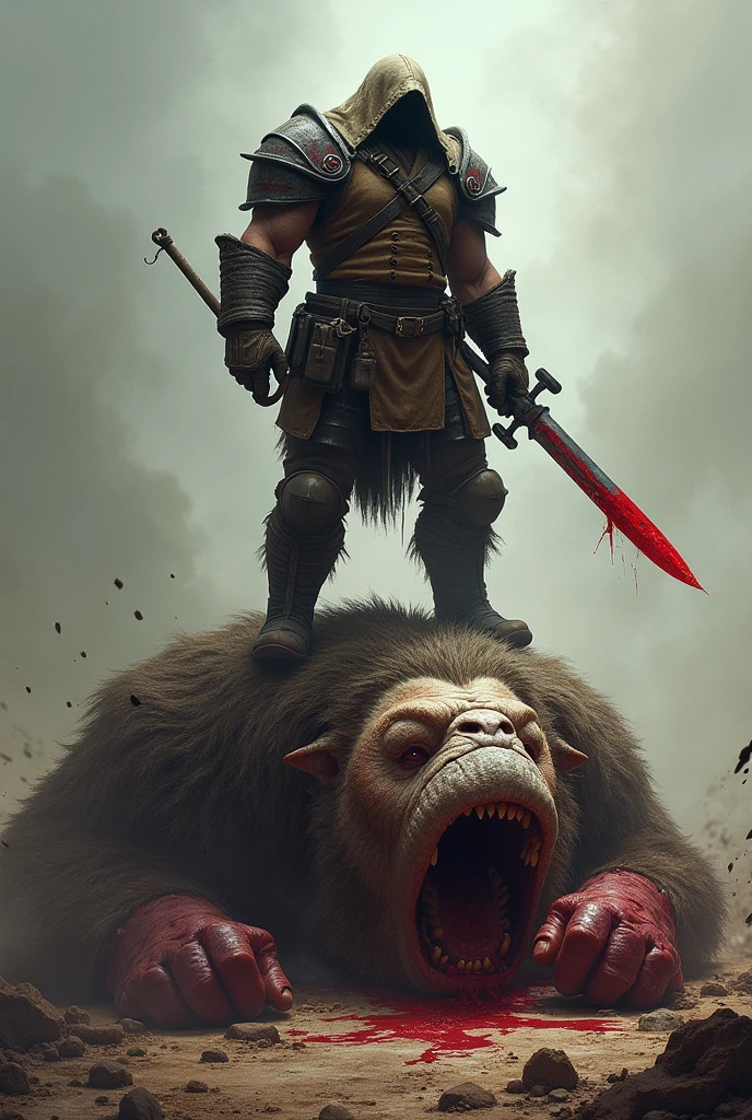 The goblin slayer sitting on the head of the dead ogre with a dagger on its eye