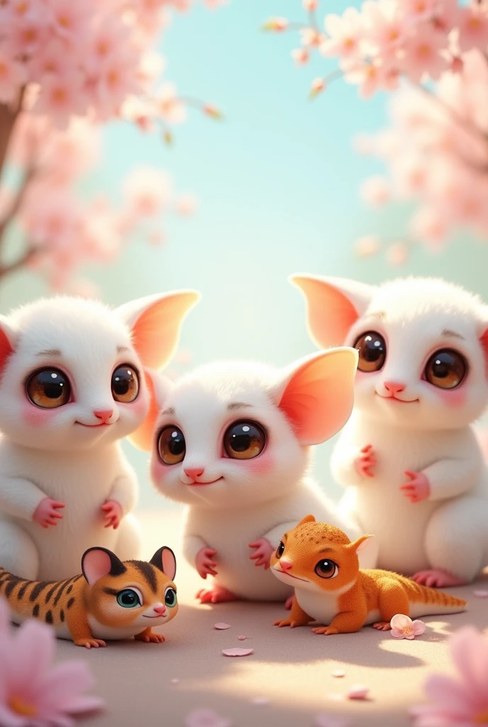 Four white face sugar gliders, one oreo gecko, one caramel gecko, cute, disney characters, suitable for desktop background 