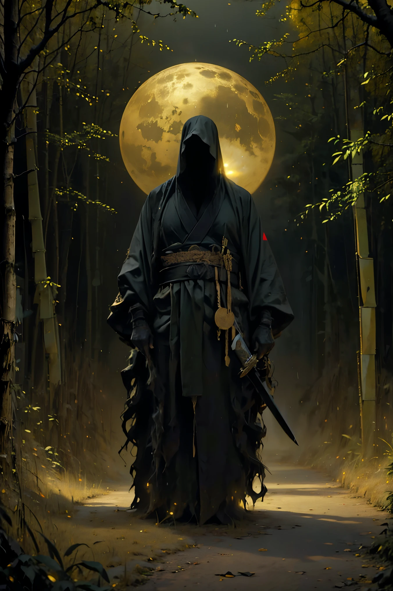 (Highest quality, 4K, height, masterpiece:1.2), Very detailed, (Realistic, photoRealistic, photo-Realistic:1.37), A man dressed as a samurai stands in the rain., Wearing a bamboo hat (fail) on head. He was surrounded by deep forests., Be enlivened by the sounds of nature. It was a full moon night., And the darkness creates a mysterious atmosphere... The man was wearing a black kimono with neon red stripes that glowed in the dark.。., Make him stand out on the scene. his sword (knife) Not applicable, Preparing to deal with potential disasters.