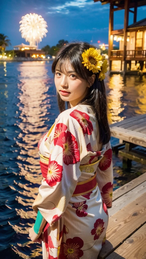 Masterpiece, best quality, ultra high resolution, hyper realistic, realistic, (photorealistic:1.4), masterpiece of analog film photograph a girl, long black hair, blunt bangs, taken by Hideaki Hamada using Pentax 67II and Kodak Portra, medium shot, looking to viewer, standing by a riverside at night, watching fireworks, She is dressed in a traditional, elegant yukata with a floral pattern and an obi sash, The background shows colorful fireworks lighting up the night sky, reflections on the water, and people in the background enjoying the festival, High-resolution, realistic depiction, with a touch of elegance and allure, anatomically correct