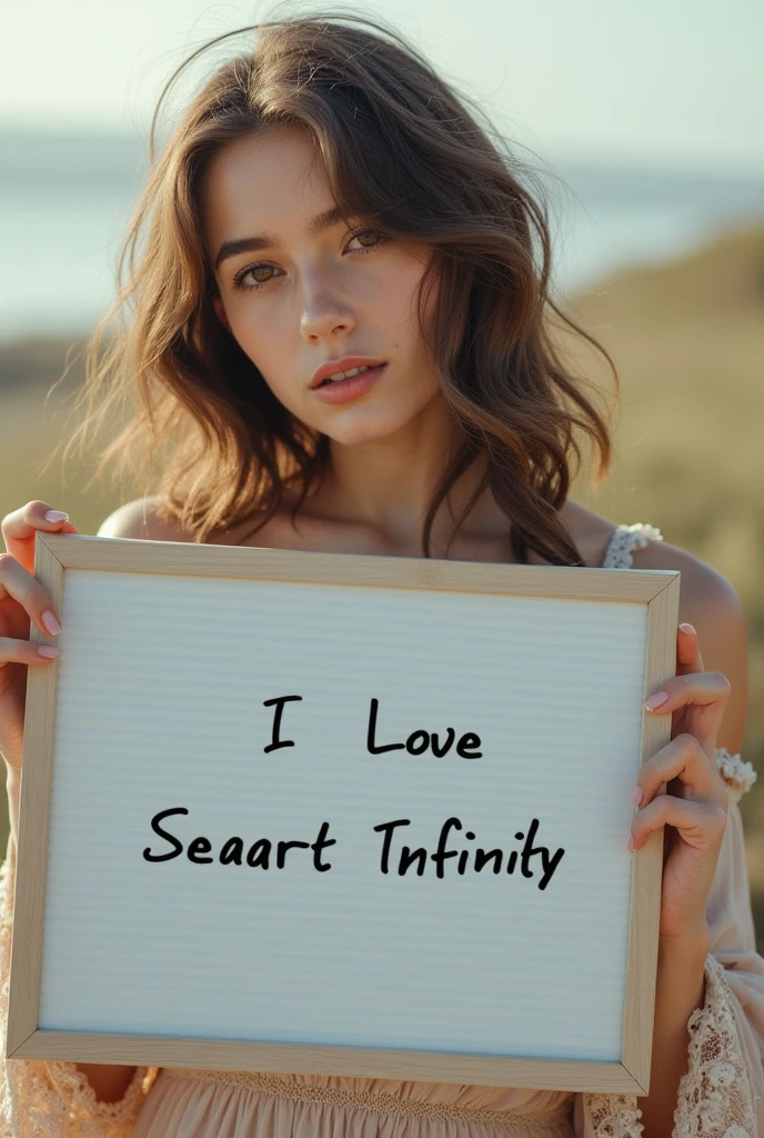 Beautiful girl with wavy long hair, bohemian dress, holding a white board with text "I Love Seaart Infinity" and showing it to the viewer