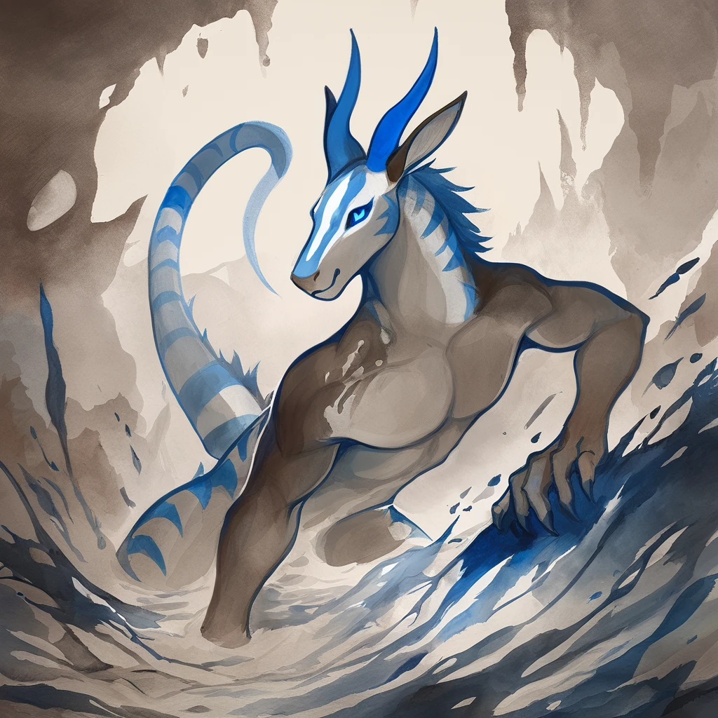 Zazak with blue white and brown color palette with background in ink and wash art style