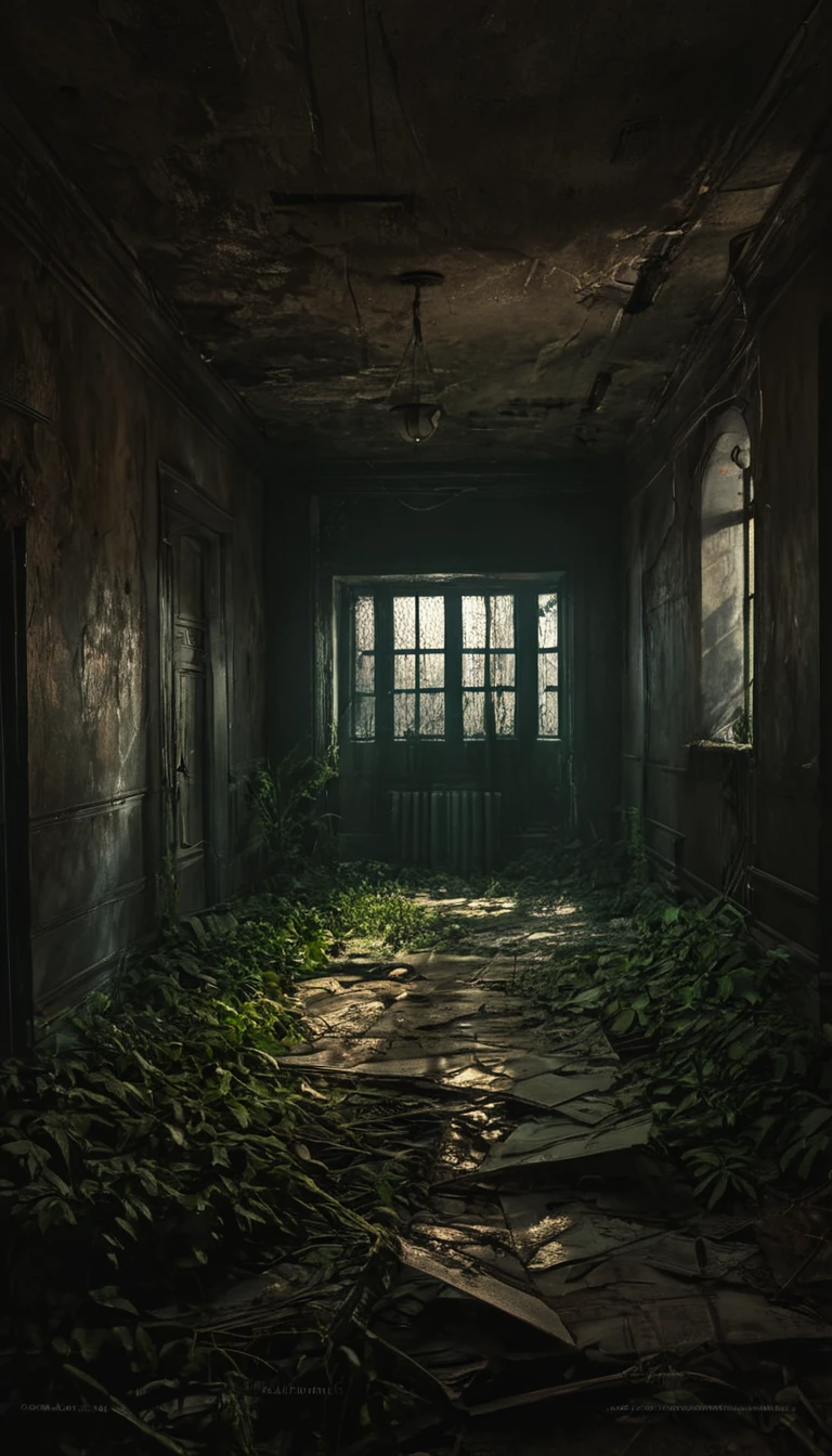 A decaying, overgrown abandoned building, eerie atmosphere, crumbling walls, cobwebs, flickering lights, ominous shadows, sense of isolation and unease, (best quality,4k,8k,highres,masterpiece:1.2),ultra-detailed,(realistic,photorealistic,photo-realistic:1.37),dark moody lighting,horror,cinematic,dramatic composition,moody color palette,chiaroscuro lighting
