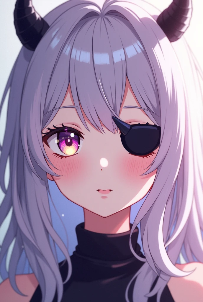 create an anime girl with pale skin, long wavy hair with purplish white color, pearl-colored eyes, but her left eye is covered with an eye patch, on the right side of her head there is a black horn located above her eyebrow, she has rosy cheeks and lips and a cute smile