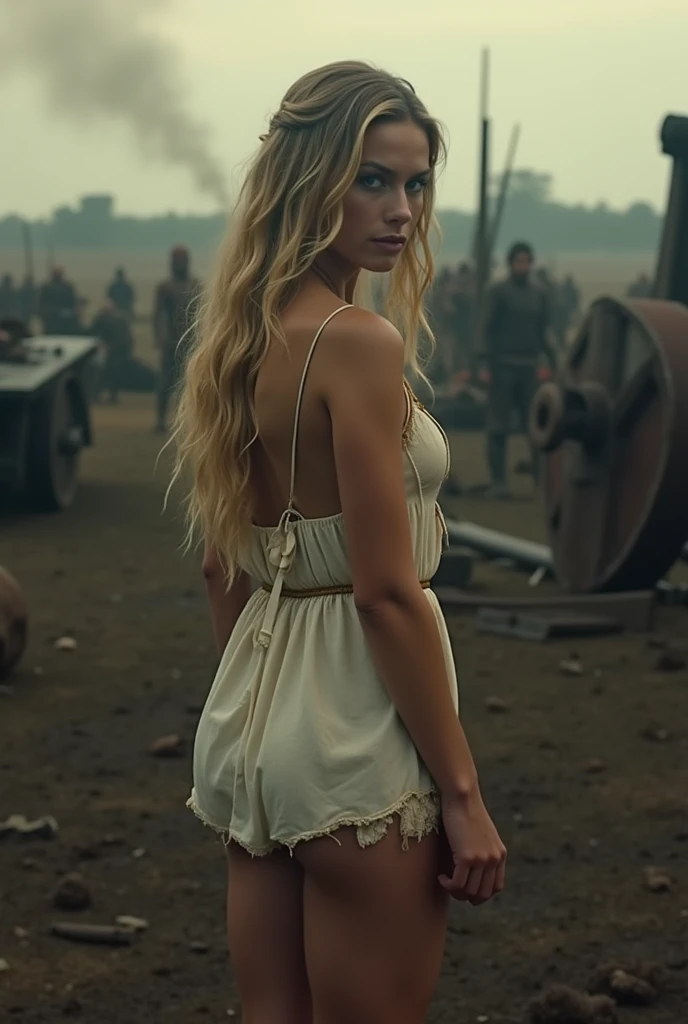 (Backview only:1.4), view from low behind, A very beautiful blonde woman in her 30s, taken prisoner after battle , wearing a very (short:1.4) medieval peasant nightgown, (battlefield as background:1.4), low angle shot,