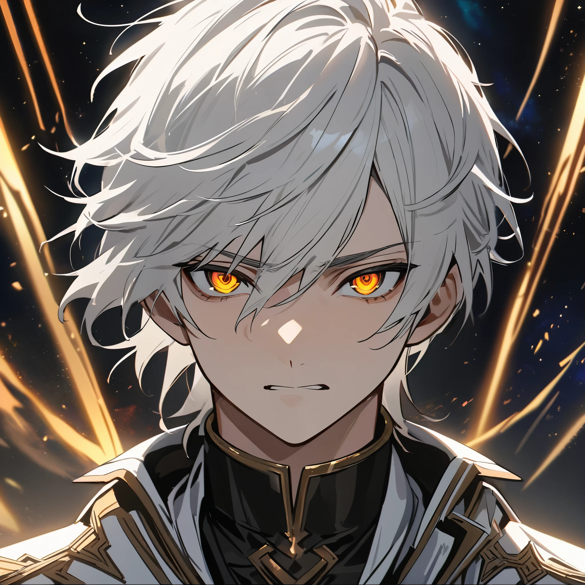 High quality, HD, 4k, no shadows, handsome male, 1male, 17 years old, teenager, short white hair, silver hair, white hair, sharp eyes, dark golden colored eyes, deep golden eyes, dark gold eyes, gold eyes, devil may cry, close up, calm expression, stoic expression, black leather clothes, white leather clothing, lean body, well trained body, upper body, looking at viewer, cowboy shot, white solar, space background