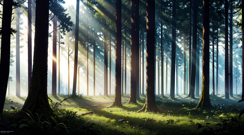 Abandoned and decaying forest, Full of grass, Sunlight shines through the forest, Weird atmosphere, less Lighting, Dramatic shadows, Soft tones, Gritty realism, Very detailed, 8K, Reality