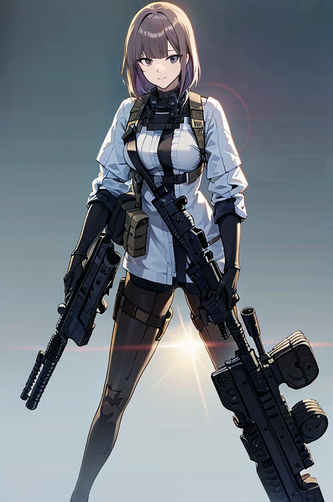 holding_gun, assault_rifle, Very detailed, Brown Hair, Anime Style, whole body, alone, Stylish Gunfighter Girl, Holding a steampunk long barrel pistol,Standing in the wasteland, 8K high resolution, White Background, In the spotlight, The background is a dark and desolate landscape, Horror movie atmosphere. Her figure is very beautiful, Emphasizing the dark and crazy elements. Skillfully expressing the effects of light and shadow