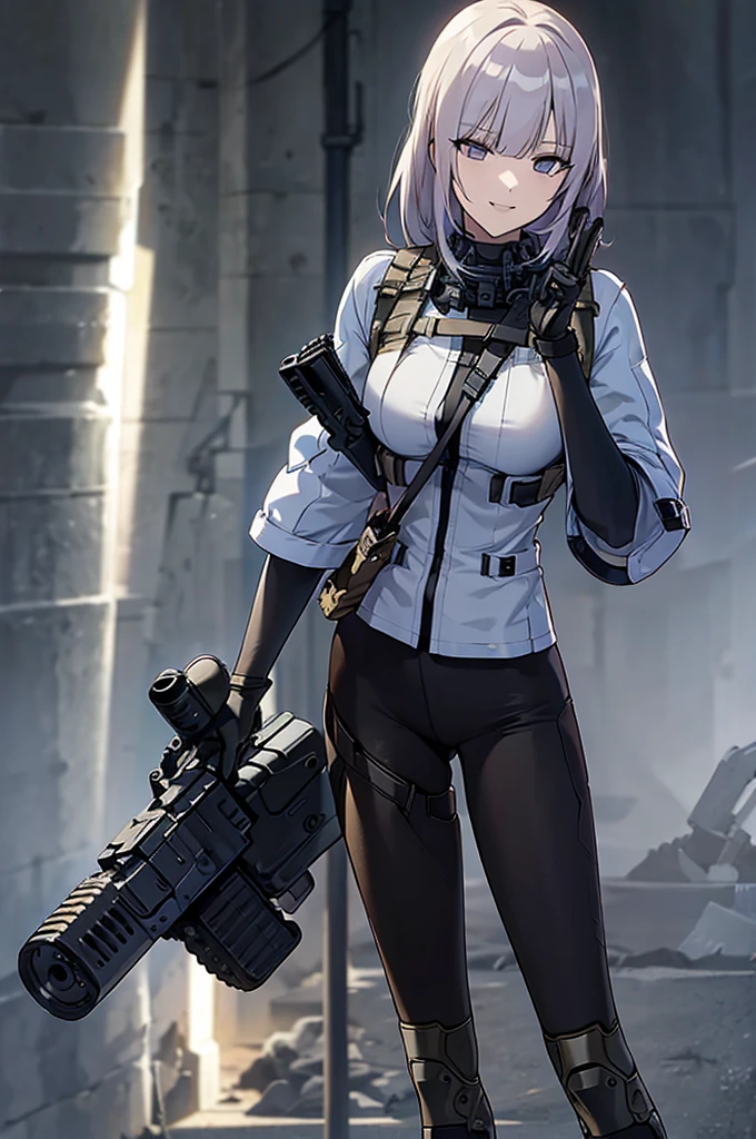 holding_gun, assault_rifle, Very detailed, Brown Hair, Anime Style, whole body, alone, Stylish Gunfighter Girl, Holding a steampunk long barrel pistol,Standing in the wasteland, 8K high resolution, White Background, In the spotlight, The background is a dark and desolate landscape, Horror movie atmosphere. Her figure is very beautiful, Emphasizing the dark and crazy elements. Skillfully expressing the effects of light and shadow