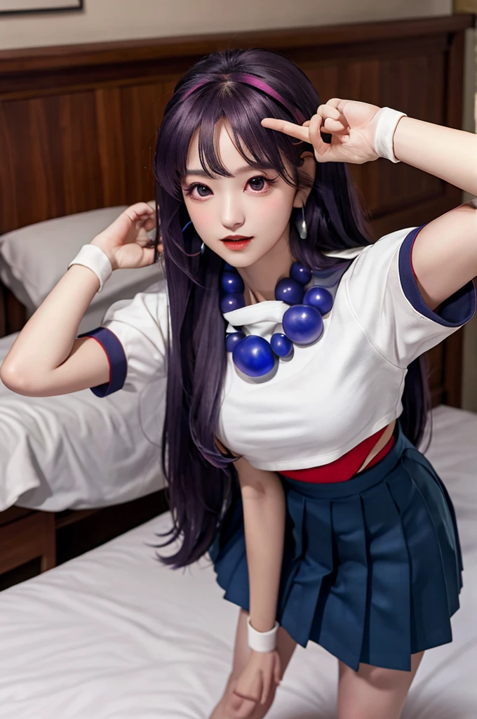 masterpiece, best quality, high resolution, Yes 1, , Long hair, scarf, Long hair, necklace, earrings, Sailor Suit, Uniforms, Crop Top, White socks, , Pleated Skirt, Large target , Fluffy short sleeves, White sleeves, White wristband, whole body, bedroom, Large target Bed, , Cross your legs, View below,Standing