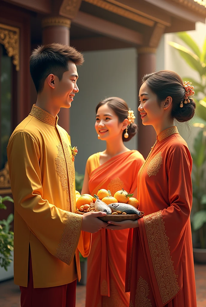 This Young men wearing Thai uniform Bring things like fish fruits gold to pay respects to his father and mother who are wearing Thai uniform