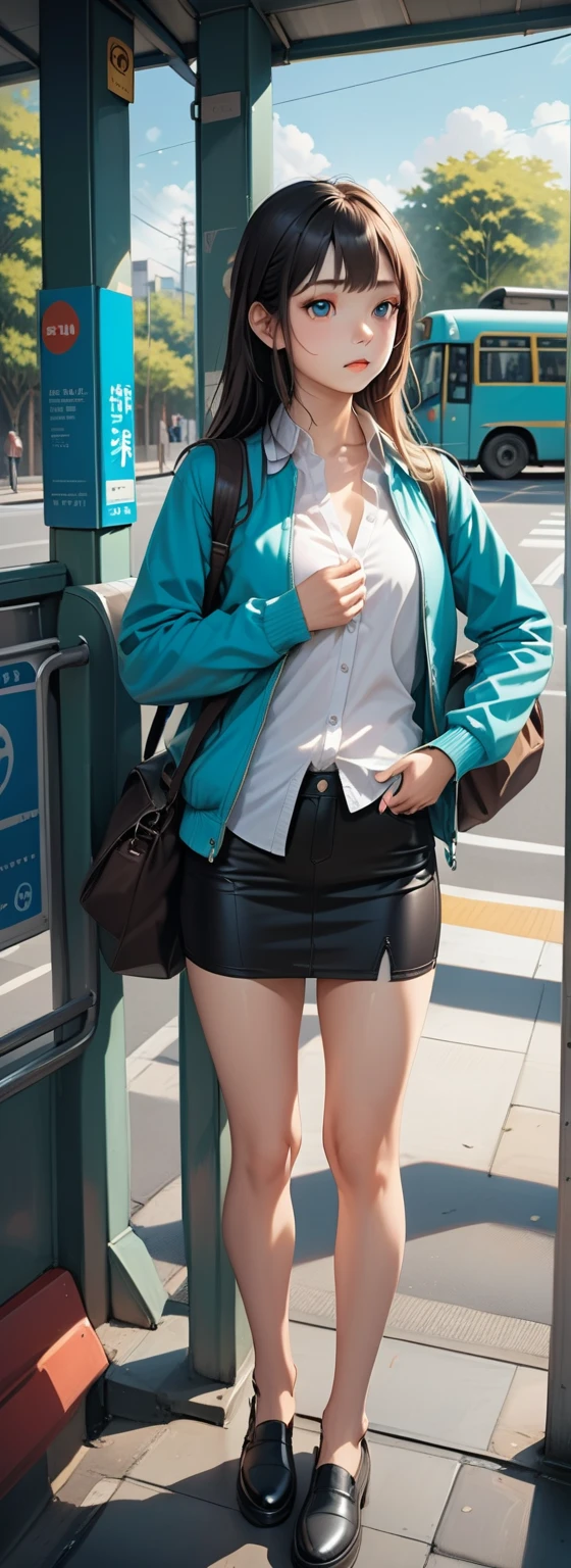 realistic anime illustration of teenage girl is carrying notebook and waiting bus on bus stop, she wearing uniform she wearing turquiose long sleeve jacket, white short sleeves collared shirt, unbuttoned top shirt, black pencil mini skirt with brown, (1girl, solo,full body), (masterpiece, best quality, japanese anime style)