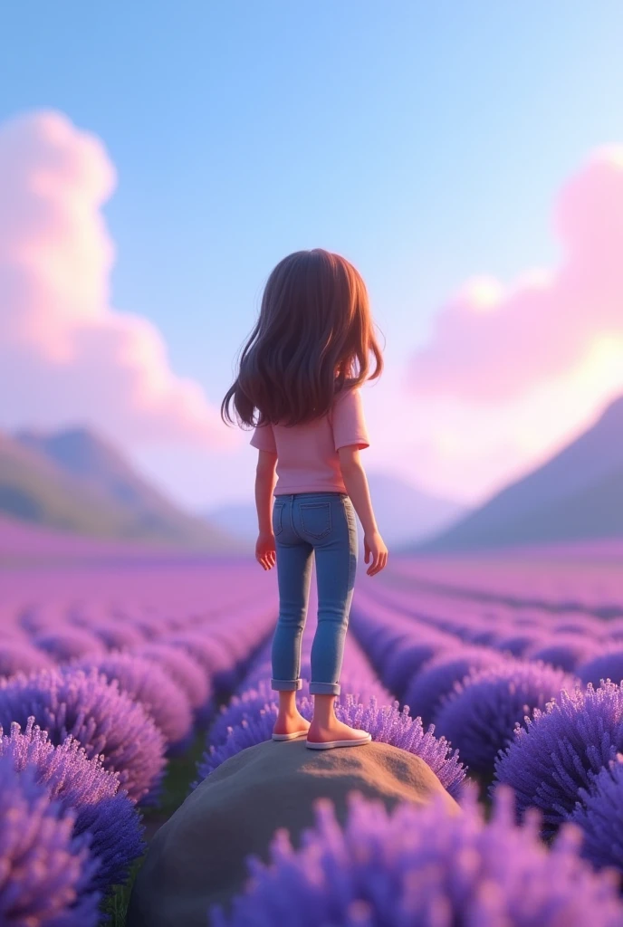 A 3d animation character from behind. Pixar style. Standing in a top of small mountain. Looking to a large land of lavender flowers.