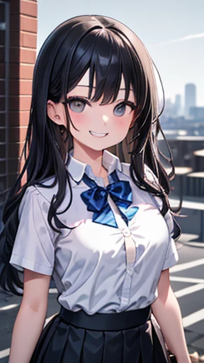 (8k、Best image quality、Highest quality、masterpiece)、Detailed face、One Girl、Improve、Black Hair、Long Hair、Wavy Hair、Grey Eyes、Wicked Smile、((Grin))、Large Breasts、((White shirt))、A bow tie、Short sleeve、((mini skirt))、Cowboy Shot、Urban Background