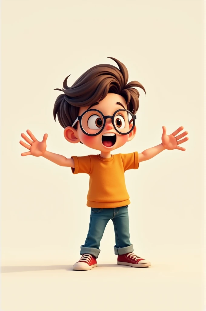 A boy character in a t-pose without backgrounds, with accessories like a glasses, with five finger, both arms are open, mouth open