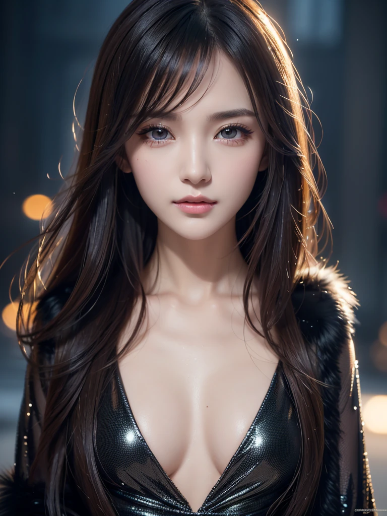 One beautiful girl, Very beautiful detailed face, Laugh shyly, (Slender body:1.2), (Super stylish black sparkly metallic dress, long fluffy white fur coat), Dark brown hair, Semi-long hair, (Beautiful Face:1.2), Conceptual Art, high quality, Realistic, Very detailed CG 統合 8k 壁紙, Very detailed, High resolution raw color photos, Professional photography, Realistic portrait, Cinematic Light, Beautiful details, Super Detail, Attention to detail, (((Background blur))), Depth of written boundary, illumination, Neon Street, Super stylish lighting, (Beautiful small breasts:1.2), Smooth and flawless skin, Expressive and captivating eyes, Distinct facial features, Perfectly balanced face, Fine Details and Realistic Textures, Face Focus