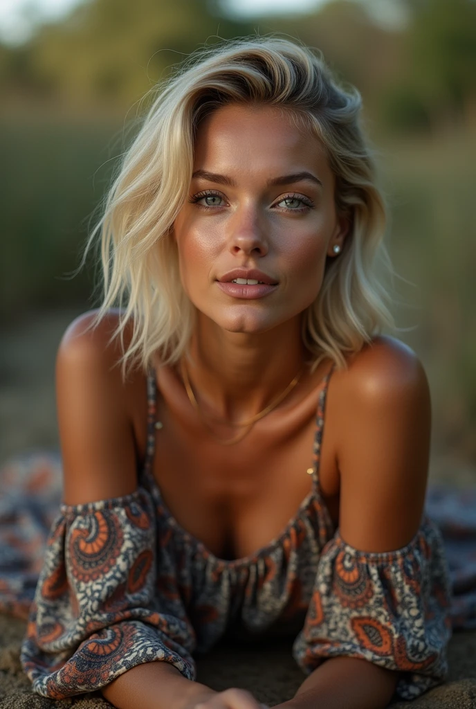 (RAW Photo), DSLR,F/1.2,  a young woman wearing Paisley print off-the-shoulder top and flowy maxi skirt ,at the  location,nettop,buzz-cut,blond wavy hair,realistic skin, skin imperfections, (real skin:1.1), ((tan skin)), (detailed skin), stunning, perky  , bokeh Grim, lying , natalee,evening, imperfections,  flash , realistic background, detailed background,