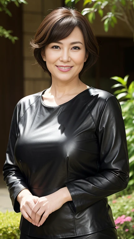 最high quality, 8k, Vibrant, Sharp focus, high quality, High resolution, Middle-aged women, Mature Woman, 55 years old, (Whole Body Ezbian), (High heels face detail, Highly detailed eyes, Plump figure、Plump face、((big 1.6))、(((Large Breasts)))、((Black leather clothing))、garden、Random Hairstyles、A kind smile、