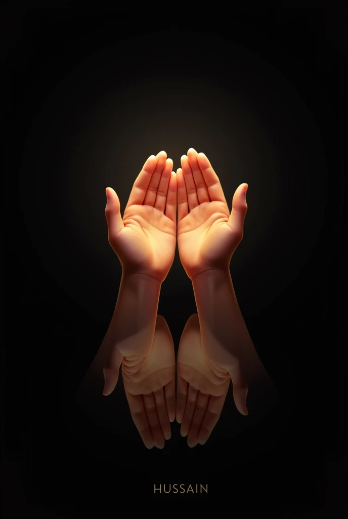 Make ha d like who want dua but hand Closed like a dome and inside the hands brightness like rayss and write  below the both thumb horizontally 
👇" a hand lefted to Allah not let down.
Make the background black in write in right corner HUSSAIN.make it tow hands. The slowly reflect from the HUSSAIN and write a good sentence like that i want dua noooooo
