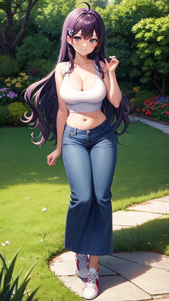 masterpiece, best quality, high detail, 1girl, beautiful woman, long wavy hair, bright purple hair, hair ornament, messy hair, large bust, white tank top, blue jean jacket, black maxi pencil skirt, long skirt, cleavage, midriff, belly button, sneakers, collarbone, garden, grass, stone, full body, looking at viewer, hand on hip, stylish pose, smiling,