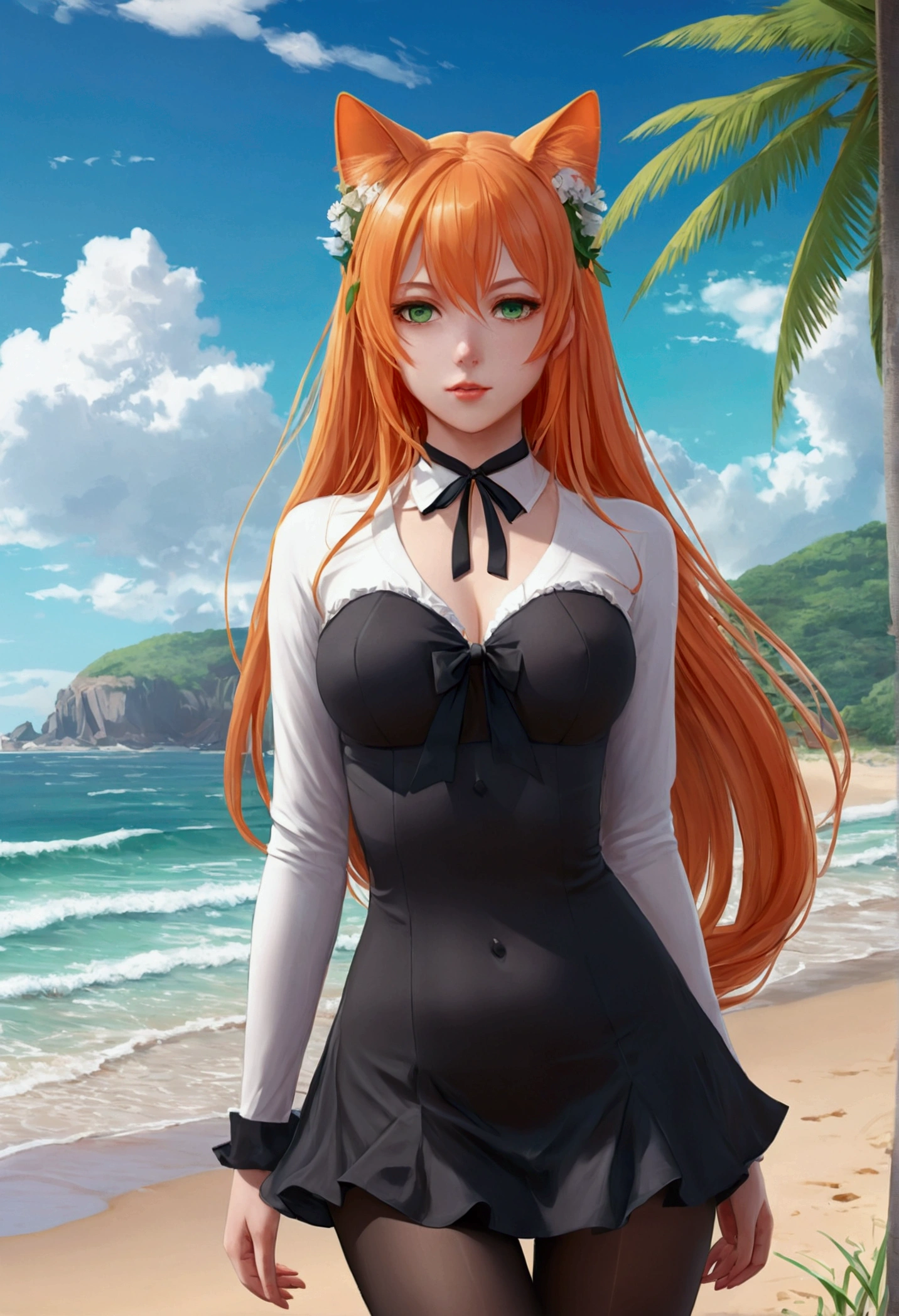 anime girl with long orange hair standing on beach near ocean, green eyes detailed digital anime art, cat ears, , anime girl with long hair, smooth anime cg art, anime girl with long hair, average breast size, digital anime art, artwork in the style of guweiz, beautiful anime portrait, photorealistic anime girl render, beautiful anime girl, advanced digital anime art, pantyhose, guweiz on artstation pixiv upscale HD UHD HQ