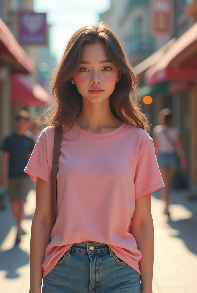 Western girl in light pink round neck T-shirt without label on city street