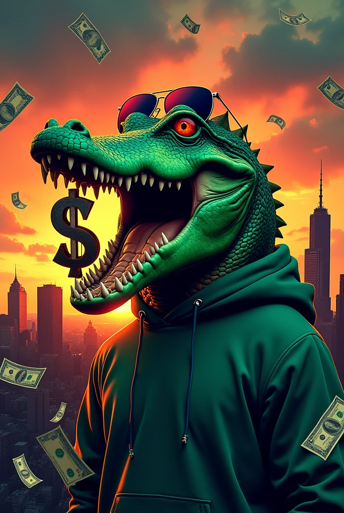 Crocodile head, Green,red eye,Dollar Symbol im Maul,Skyline, sun set,sunglasses black,hoodie,Dollar bills